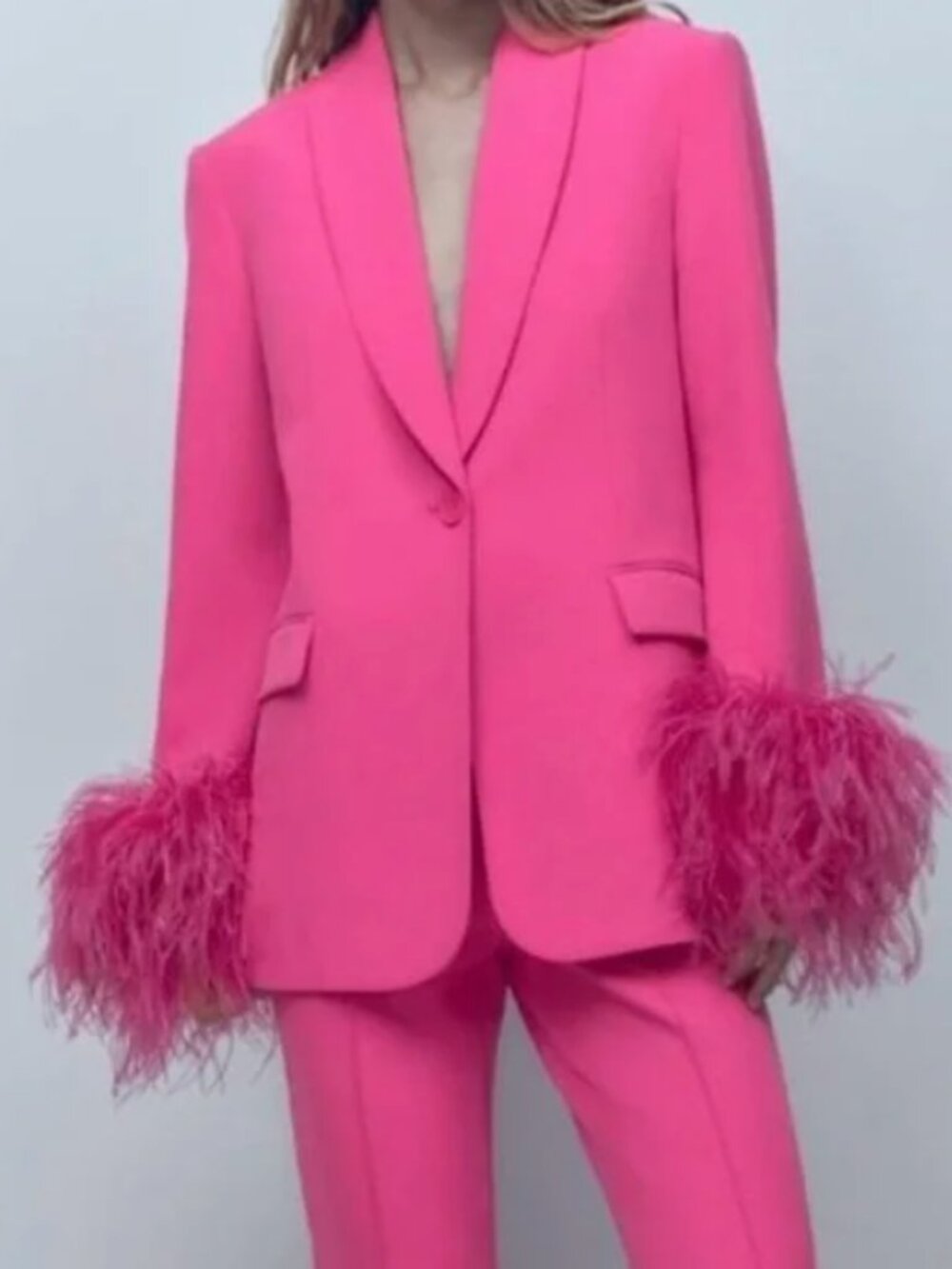 Zara Elegant Pink Feather-Trimmed Womens Blazer Size S NWOT